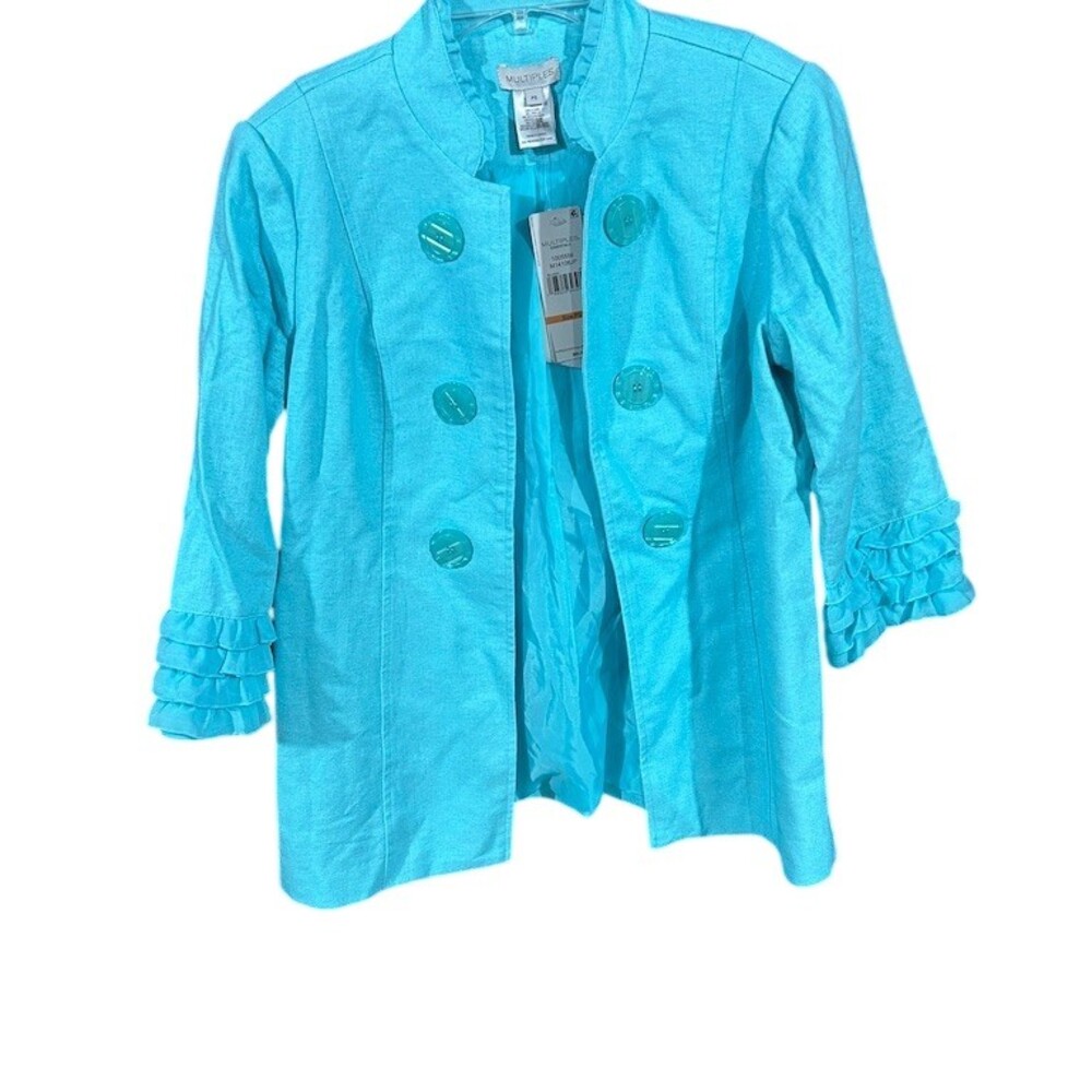 Multiples Jacket Womens Petite PS Turquoise Stand Collar Double Breasted
